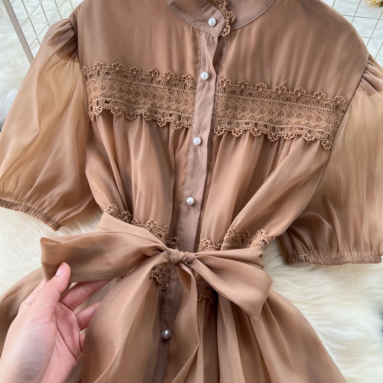 French Vintage Lace PATCHWORK Single Breasted Puff Sleeves Dress korean fashion Casual Women Fashion summer dresses