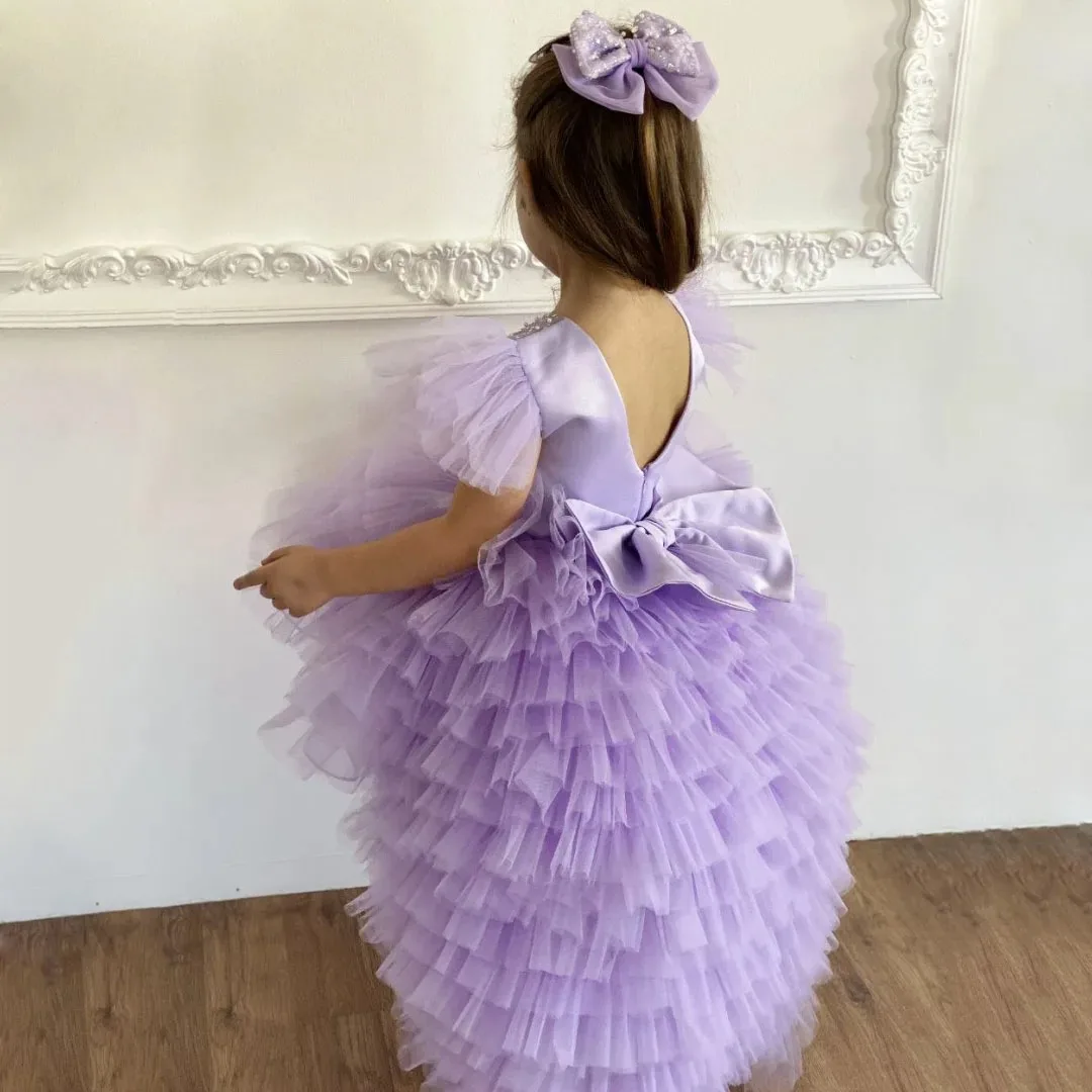 Custom Flower Girl Dress Lavender Sequin Multi-Layer Tulle Dress with Bow, Suitable for Weddings, Birthday Parties, Banquets, an