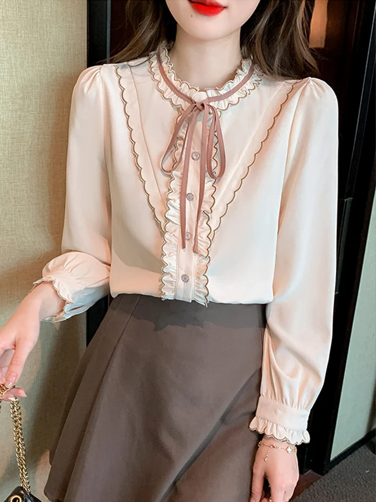 Long Sleeve Blouse Women Ruffles Chiffon Blouse Shirt Tops Women Blusas Mujer De Moda 2024 Blouses Shirts Blusa Camisas F507