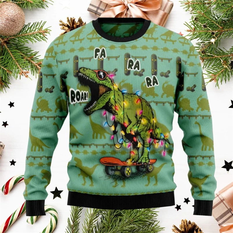 Cool Lantern Dinosaur Ugly Sweater Men Women Long Sleeve Pullover Top Christmas Festival Gift Autumn Fashion Popular Sweatshirt