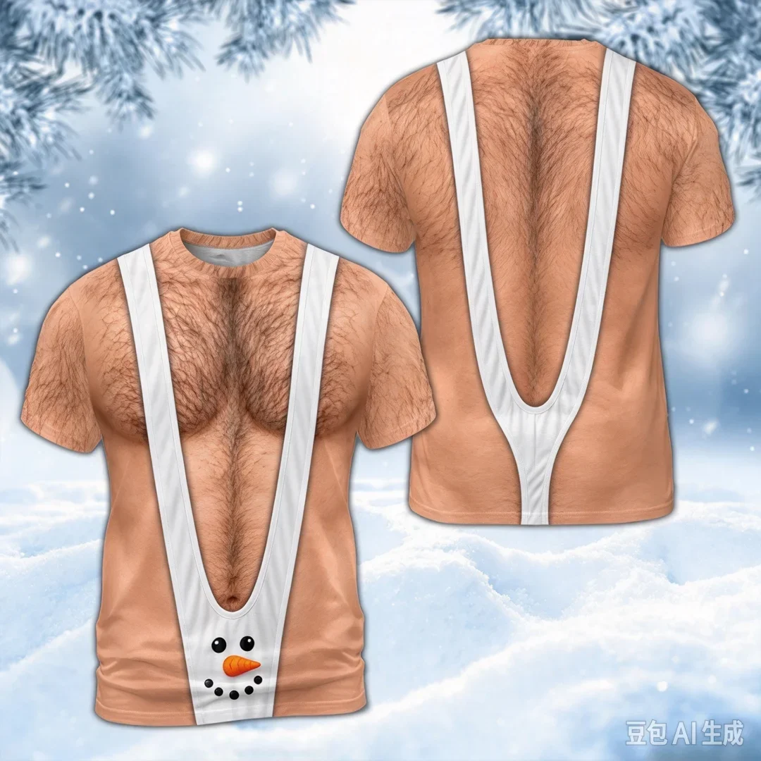 Funny Muscle Pattern 3D Men's Short-Sleeved T-Shirt Santa Mankini Shirt Christmas Illusion Ugly Christmas Party Men's Clothing