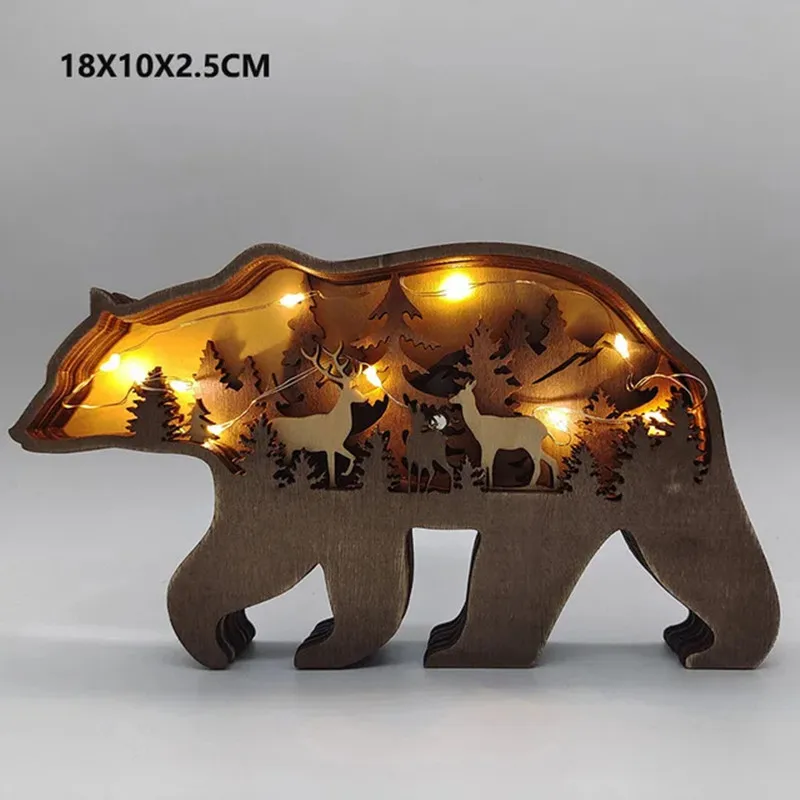 Home Decoration Ornaments Wooden Animal Small Wolf Elk and Brown Bear Statue Figurines LED Light Desktop Ornaments Crafts Gifts