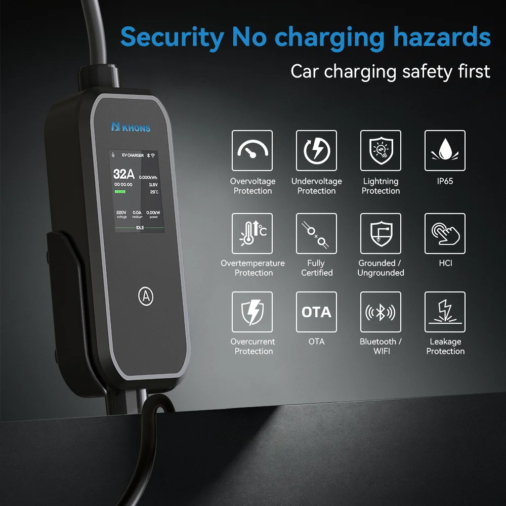 Khons 7kW Type2 EV Charger 32A Portable EVSE Wallbox EV Charging Station with APP Control 5m Cable for Electric Vehicle Car view 4