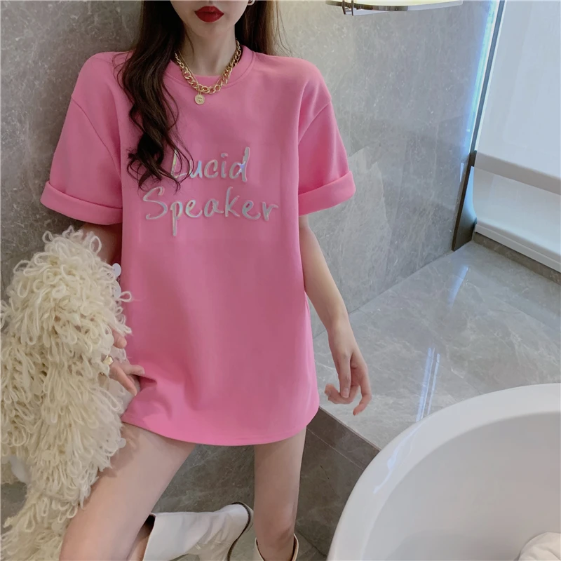 White Loose Women's T-Shirt Short Sleeve Butt Covering Spring Summer New Arrival Pink Mid-Length Base Shirt Top
