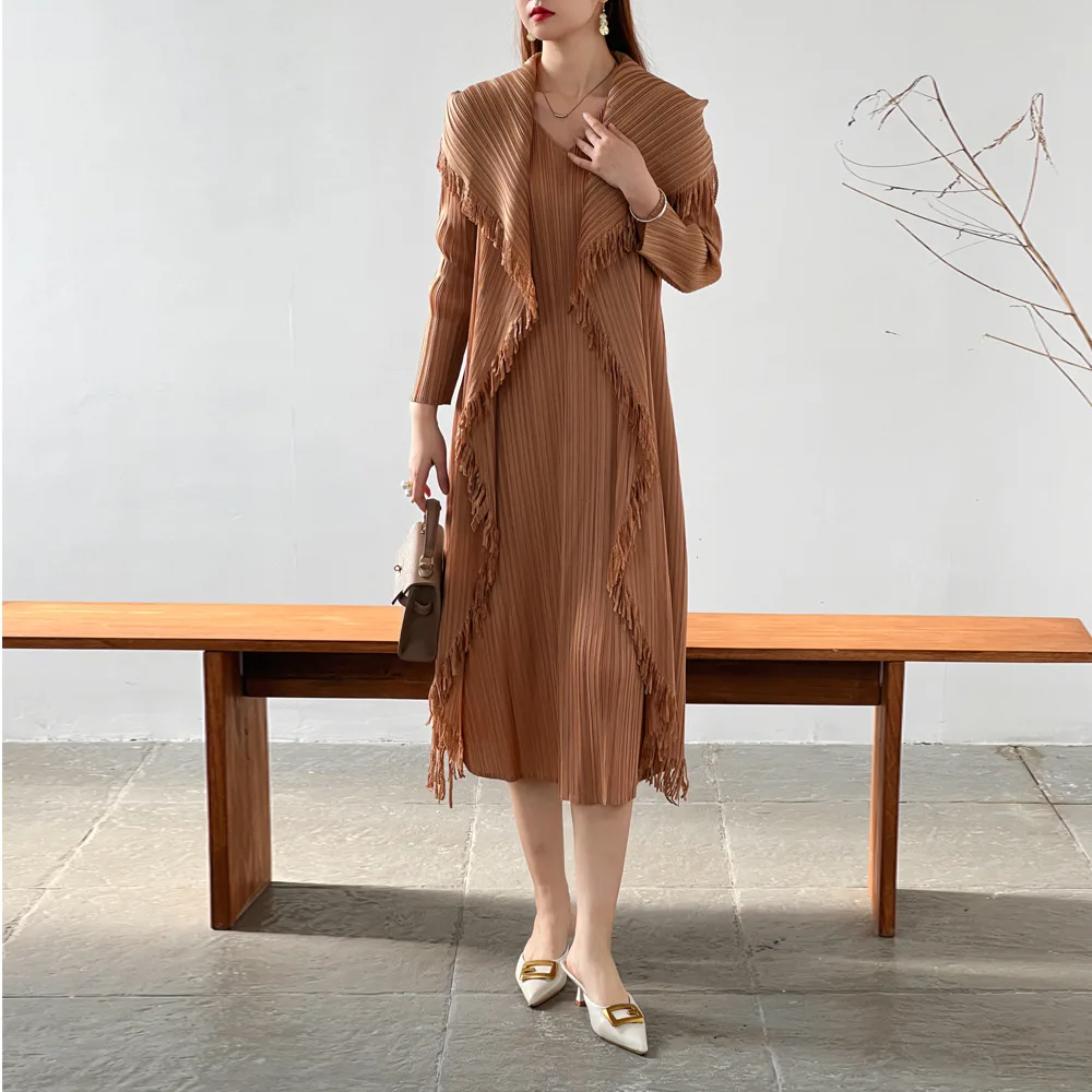 

Spring New Original Pleats Pleated Design Sense False Two Pieces Tassel Dress Temperament Ageing Peplum Skirt Women Clothing