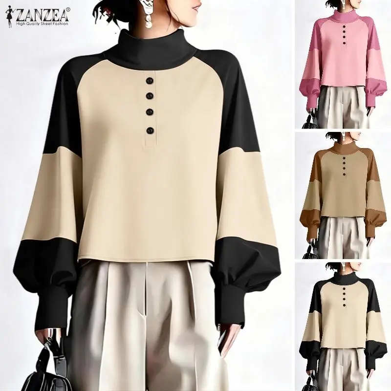 

ZANZEA Elegant Work Shirt Women Spring Patchwork Blouse Stylish Long Lantern Sleeve Tops Female Stand Neck Buttons Blusas Mujer