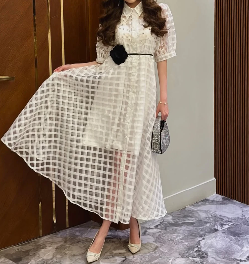 

Summer Dress Women Single-Breasted Plaid Long Short Puff Sleeved 3D Flower Belt Hollow Out Diamonds-GZKK040
