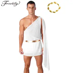 Men Halloween Ancient Greek God King Prince Solider Cosplay Costume One Shoulder Roman Toga Skirted Bodysuit with Leaf Headwear