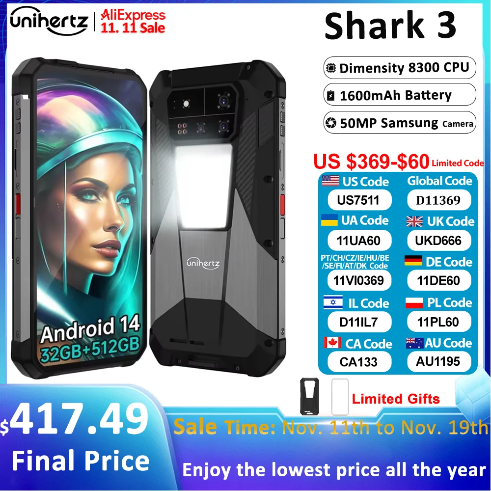 Unihertz Shark 3 by 8849 Rugged Smartphone android 14 3K AMOLED Display 32GB RAM 512GB ROM Dimensity 8300 CPU Mobile Phone