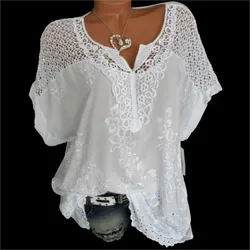 Fashion Lace White Women's Shirt Sexy V-neck Short Sleeve Loose Blouses And Tops Summer Casual Comfortable Cotton Shirts Female