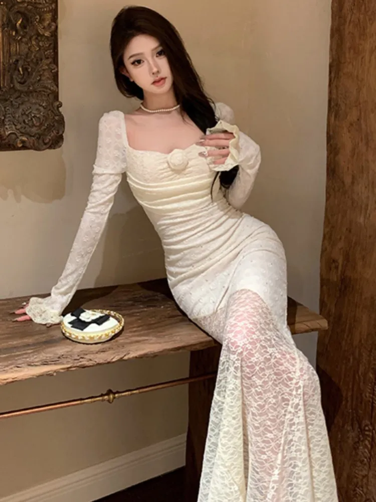 Sexy Lace Square Collar Long Dress Autumn Floral Slim Waist Coquette Bodycon Female Clothes Vestidos Party Prom Evening Robe