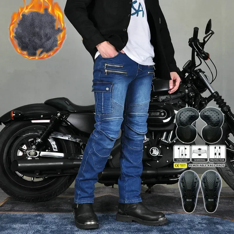 

NEW Motorcycle Winter Riding Jeans Men's Winter Warm Thick Pants Double Layer Fleece Tactical Cotton Long Trousers Men Pants