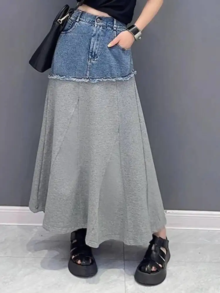 

High Waist Black Gray Denim Color-block Midi A-line Half-body Skirt Women Fashion Tide New Spring Autumn