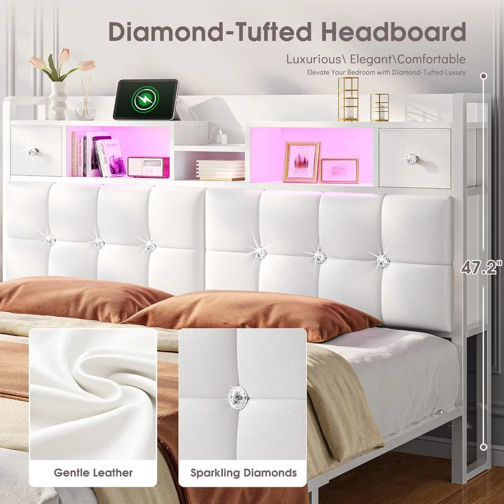 King Size Bed Frame with 4 Drawers & Storage Headboard and Diamond-Tufted Upholstered,LED Lights & Charging, Customized view 6