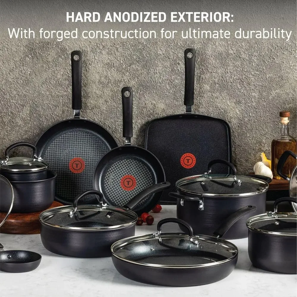 T-fal Ultimate Hard Anodized Nonstick Cookware Set 17 Piece Oven Safe 400F, Lid Safe 350F Pots and Pans, Dishwasher Safe Black