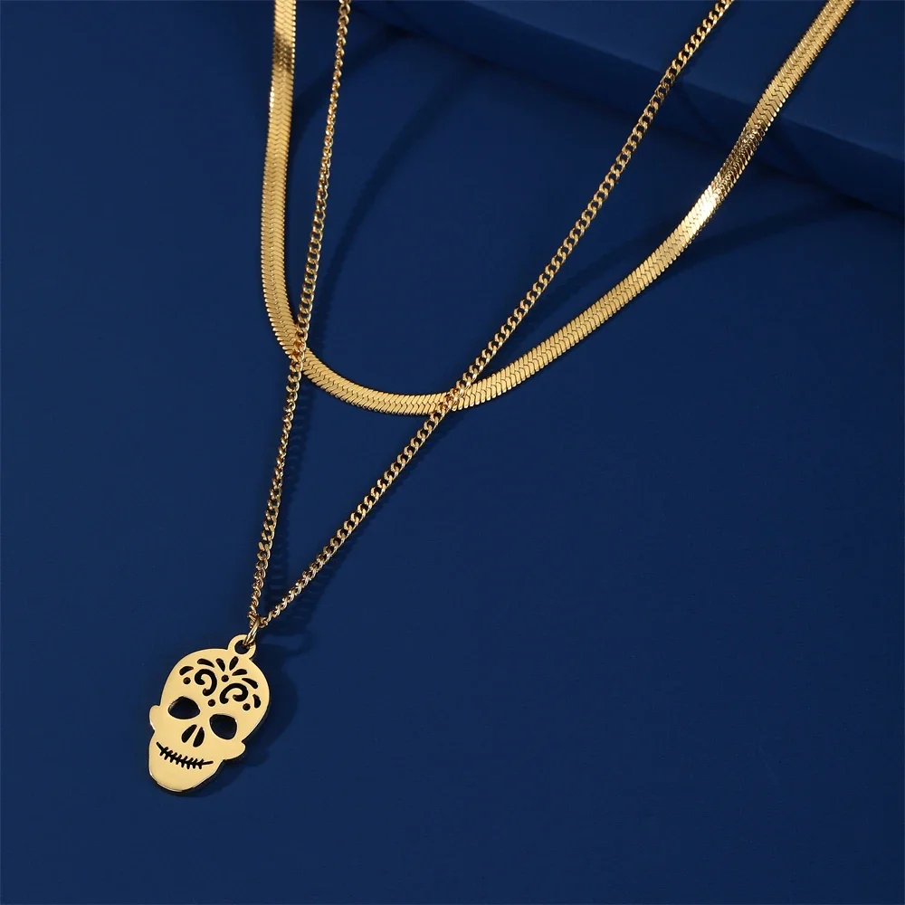 Skyrim Gothic Skull Skeleton Pendant Necklace Stainless Steel Gold Color Double Layer Clavicle Snake Chain Halloween Jewelry