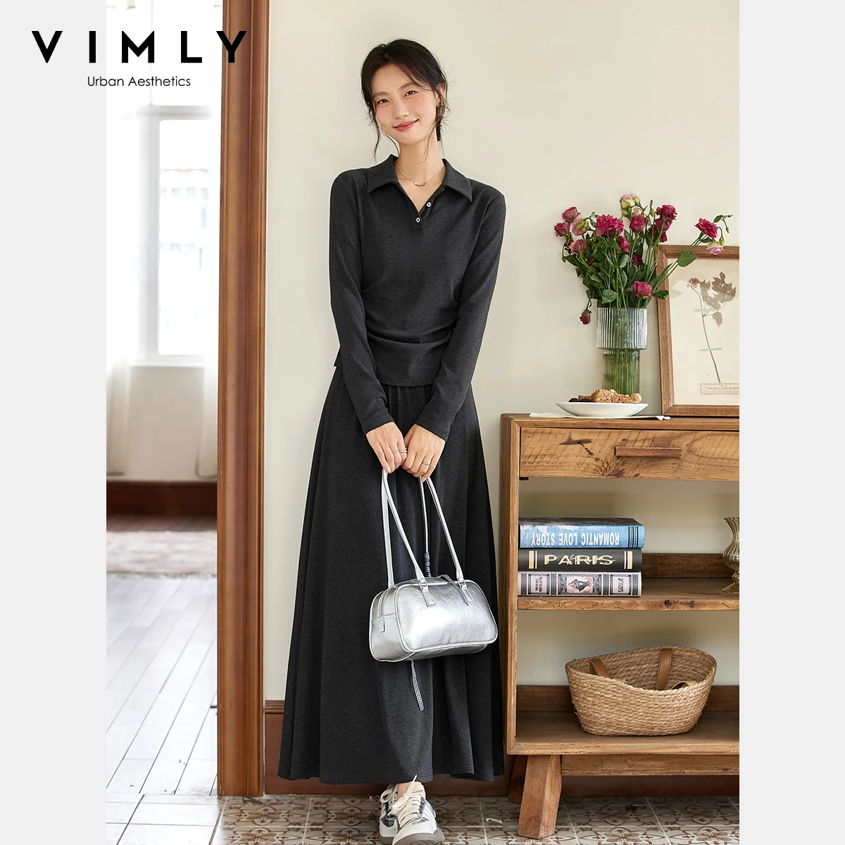 VIMLY Woman Skirt Sets Two Pieces Casual Autumn 2025 Polo Neck Knitted Tops Long A-line Skirts Loose Elegant Women's Suits A2566