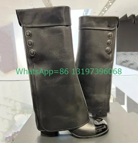 Lady Black Turn-Over Edge Design Chunky Heel Knee Boots Metallic Pu Black Mirror Pu Boots Causal Runway Dress New Arrive Boots