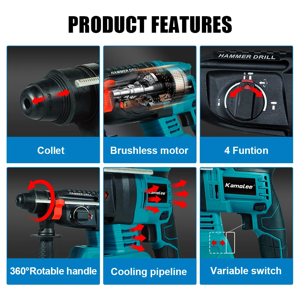 Kamolee-taladro rotativo inalámbrico sin escobillas, 2000W, 10600IPM, martillo eléctrico recargable, taladro de impacto para batería Makita