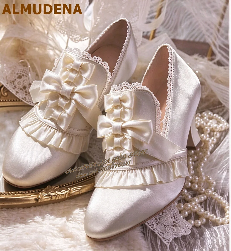 Sweet Pink Satin Lolita Pumps Ruffle Lace Bow Block Heel Mary Jane Shoes Vintage Princess Wedding Party Cosplay Dress Shoes