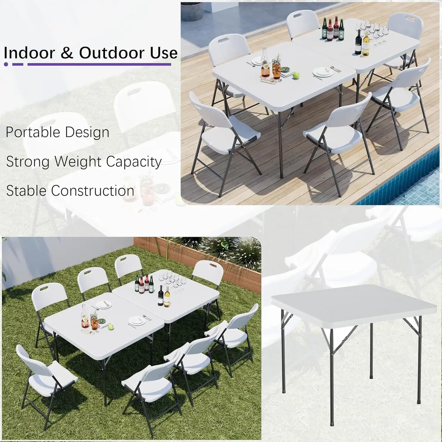 Folding Card Table Square and Chairs Set, Collapsible Legs & Portable for Indoor/Outdoor, Picnic, 5 Piece, White