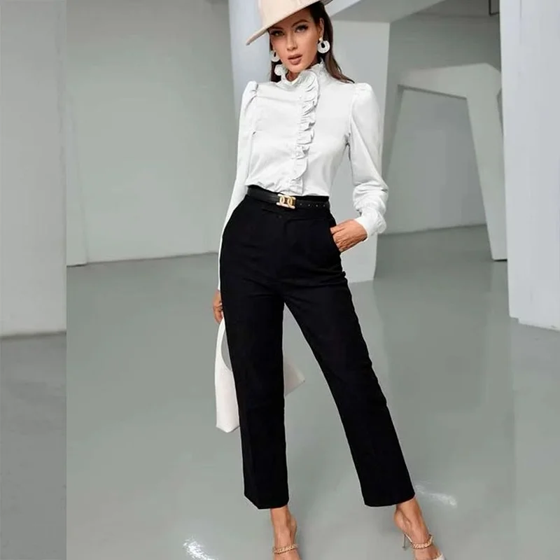 Autumn Elegant Women Ruffles Blouse Tops Office Lady Fashion Stand Collar Blusas Spring 2022 New Long Sleeve Shirt Clothes 23348