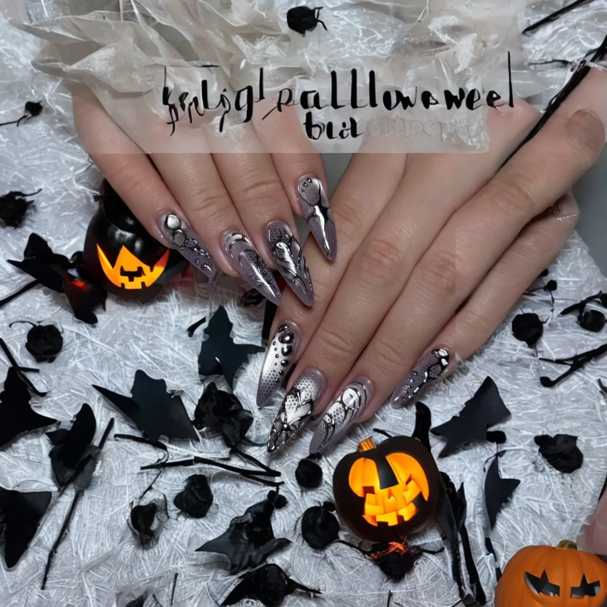 

24pcs Halloween Almond Nails - Metallic Chrome Glossy Press on Nails with Gothic Vampire Design
