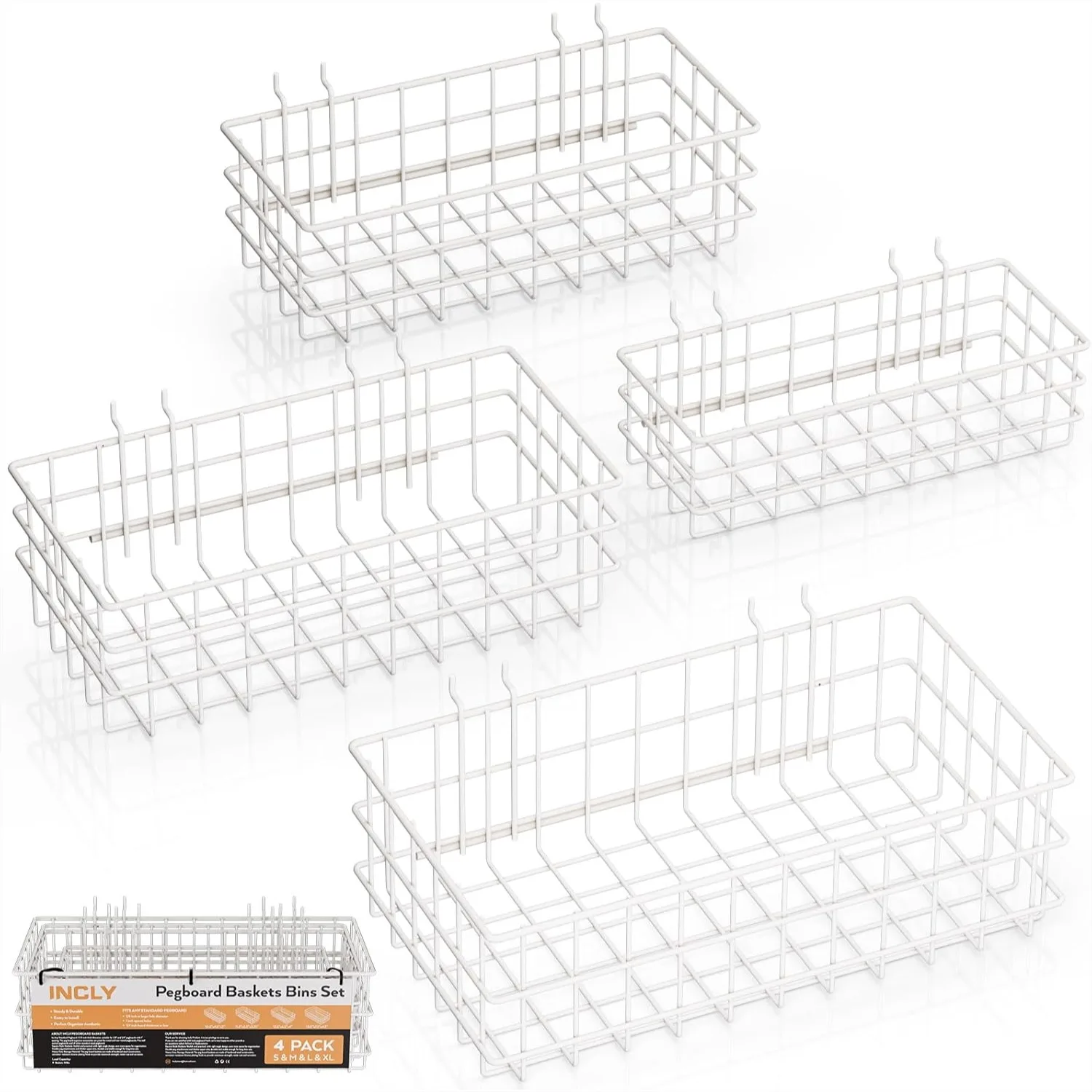 

4 Pack Pegboard Baskets Bins Set, Square Style Metal White Wire Basket for Pegboard Organizing, Heavy Duty Storage for Workbench