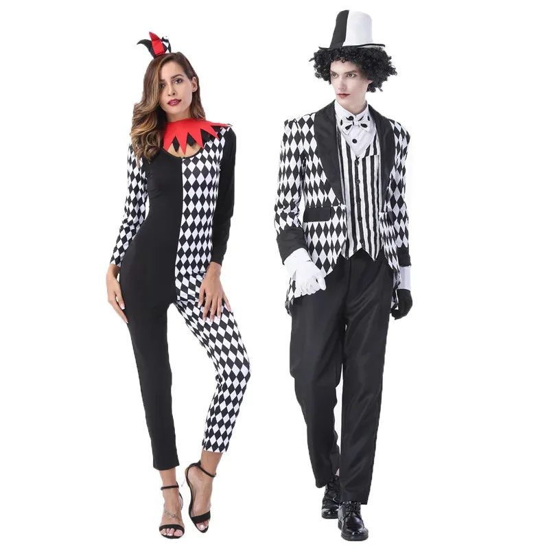 

Adult Couple Clown Cosplay Costumes Black White Clown Jumpsuit Halloween Party Circus Clown Outfits Suits Performance Costumes