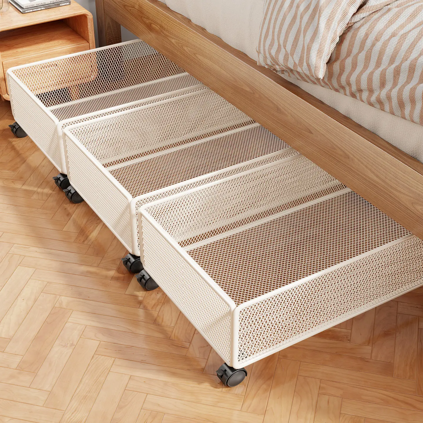 Under-bed locker with removable wheels, pull-out drawer basket, dorm locker, model 4.24 bedside locker