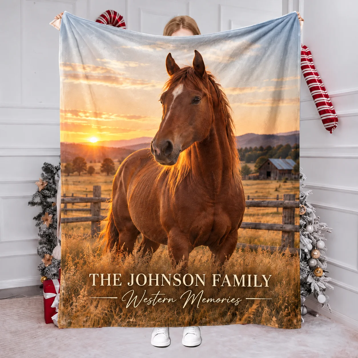 Personalized Western Horse Throw Blanket Custom Photo Text Flannel Blanket Sunset Ranch Horse Print Soft Warm Sofa Bed Cover