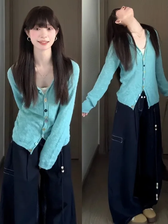 

Синий вязаный открытый кардиган, женский ранний осенний корейский Sle, ленивая верхняя одежда, свитер, дизайн радужных пуговиц, топ на весну и осень