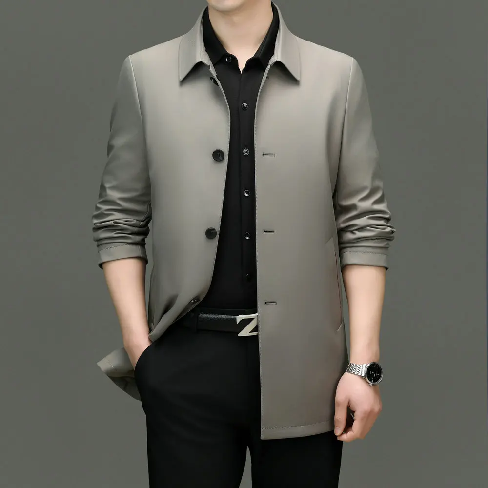 

Quiet Luxury Men Trench Coats Khaki Black Essential Jacket Executive Style Basic Outerwear Single Breasted Turn Down Collar