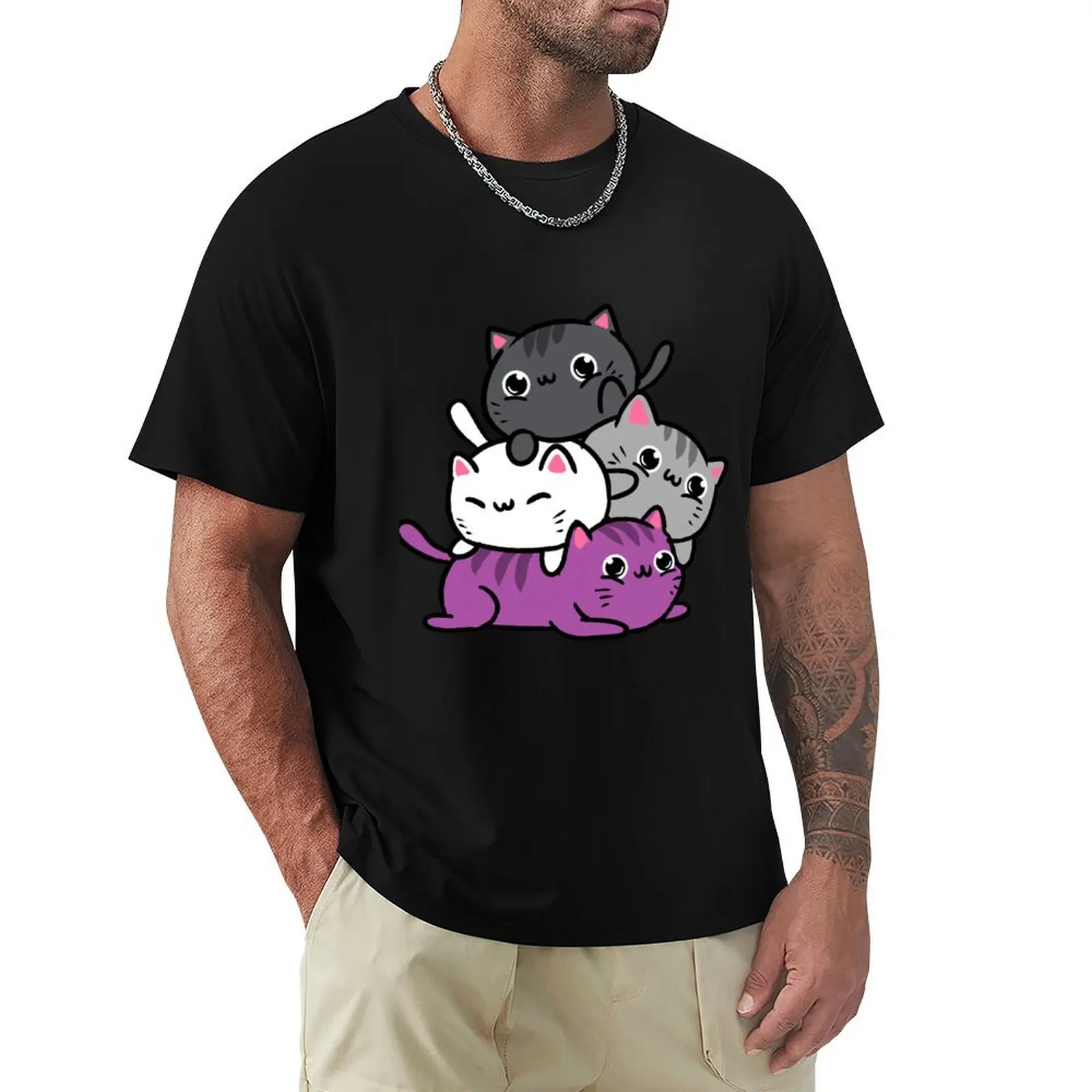 Kawaii Cat Pile Asexual Pride T-Shirt Holiday Vacation Tee Shirt