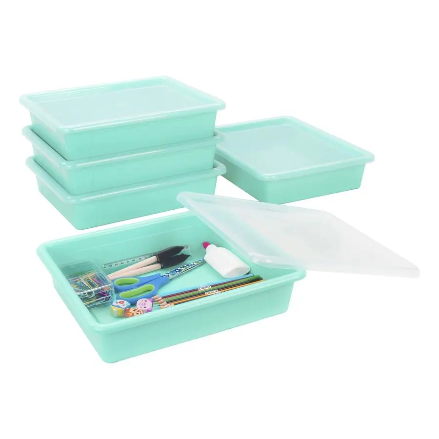 

Letter Size Flat Storage Tray Organizer Bin with NonSnap Lid for Classroom, Office and Home, Teal, 5Pack 62541U05C