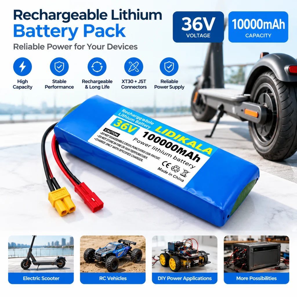 Batteria agli ioni di litio 36V 100Ah 10S1P con BMS, nuova versione aggiornata, ricaricabile, per hoverboard, veicoli elettrici per bambini, alte prestazioni