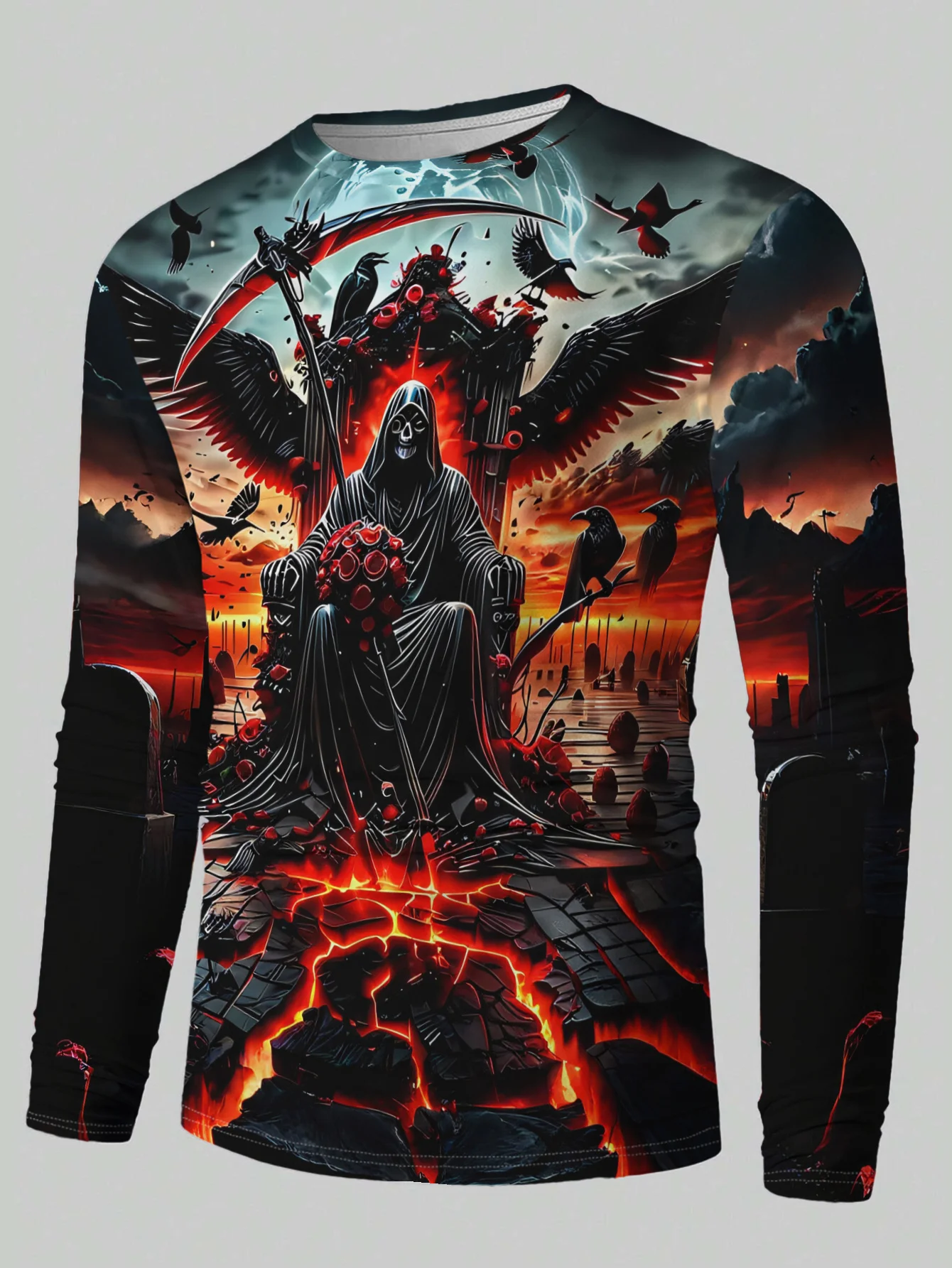 Men's Long Sleeve T‑Shirt Grim Reaper Crow Lava Rose 3D Print Crew Neck Gothic Halloween Streetwear Top