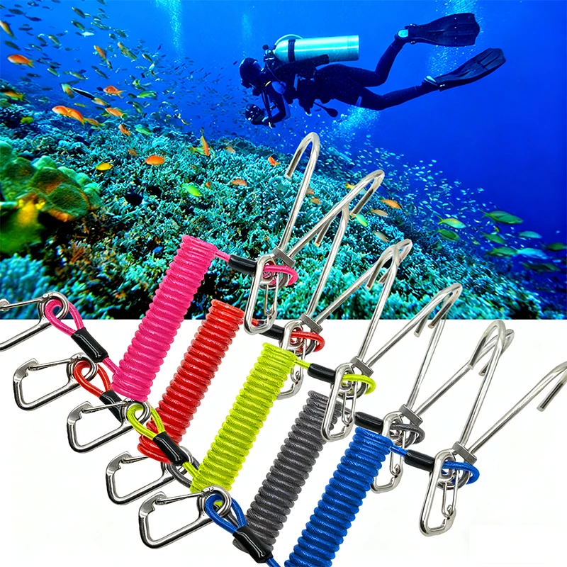 Diving Drift Reef Flow Hook Double Hook With Spiral Coil Lanyard Rope 316 Stainless Steel Scuba Safety Quick-release Drift Hook