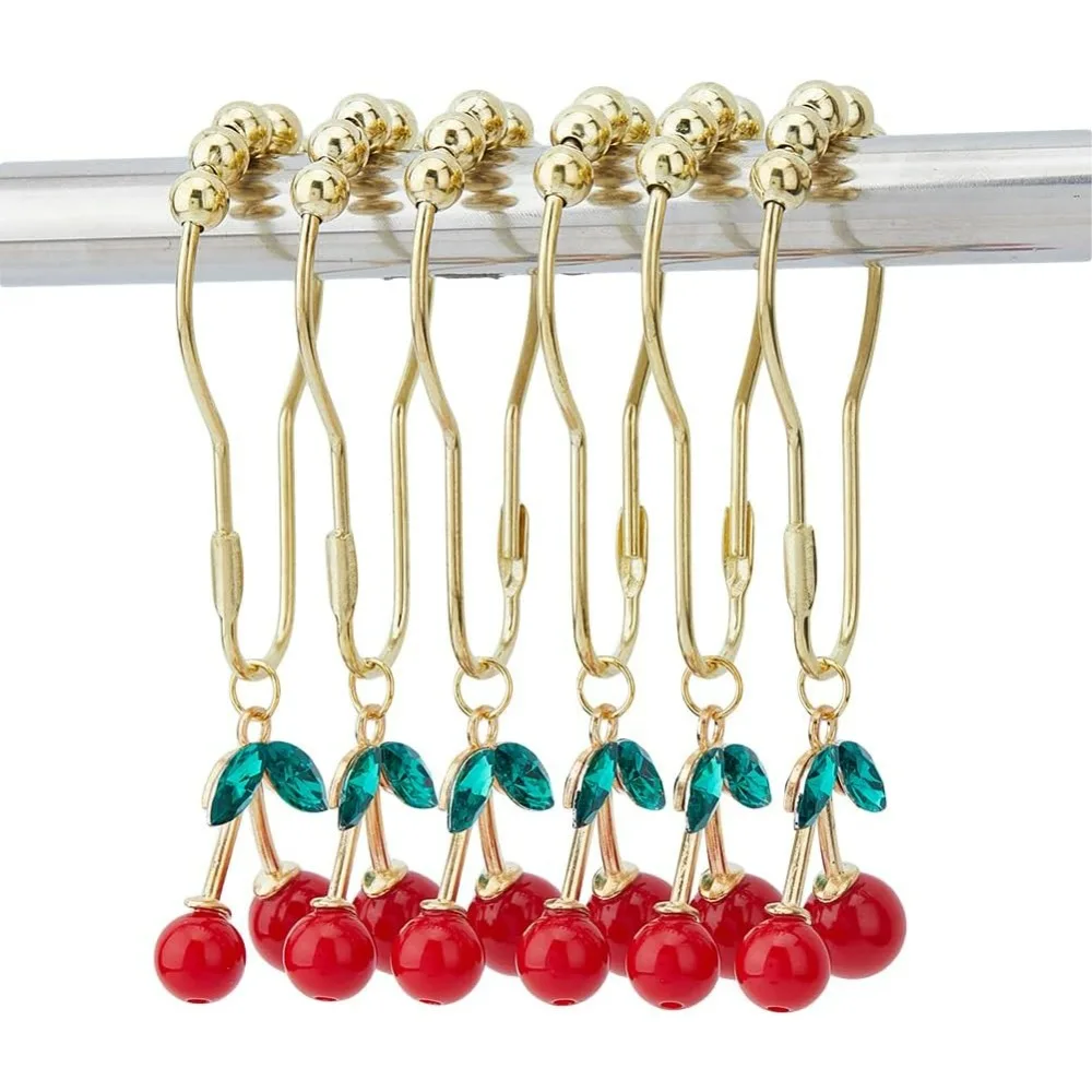 

12pcs Cherries Decorative Shower Rings Golden Shower Curtain Rings with Alloy Cherry Rhinestone Fruit Style Shower Curtain