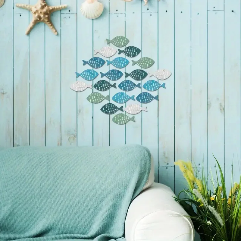 20pcs/set Wooden Fish Wall Decor Coastal Beach Decoration DIY Living Room Wall for Home Lake House Decor