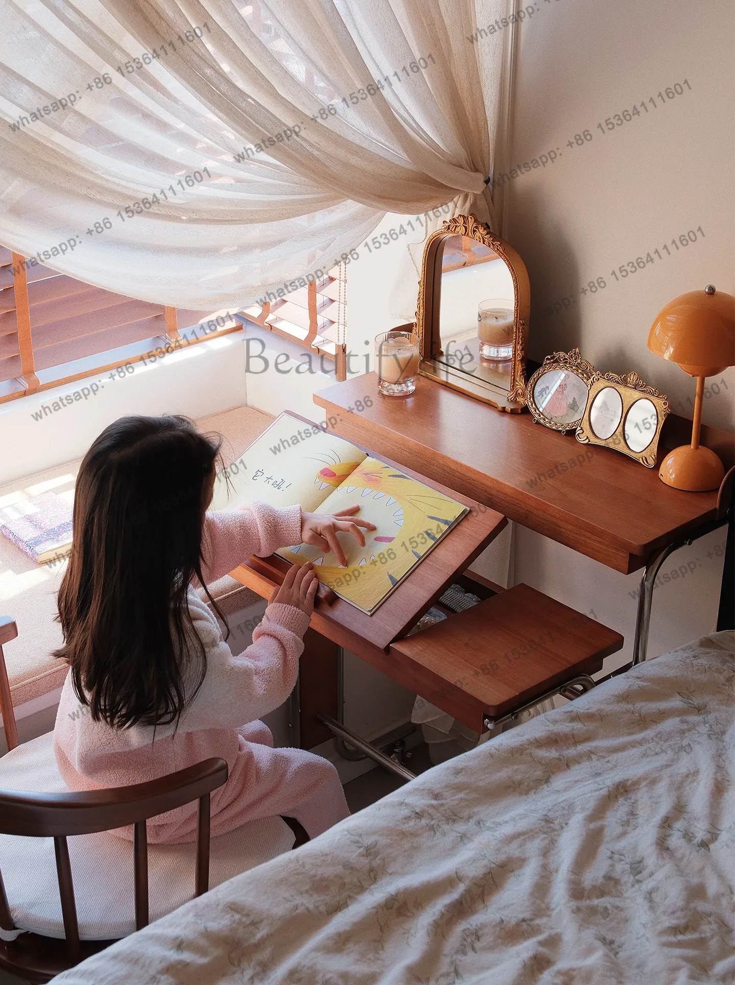 LD medieval solid wood house folding mobile lifting desk small apartment computer office learning