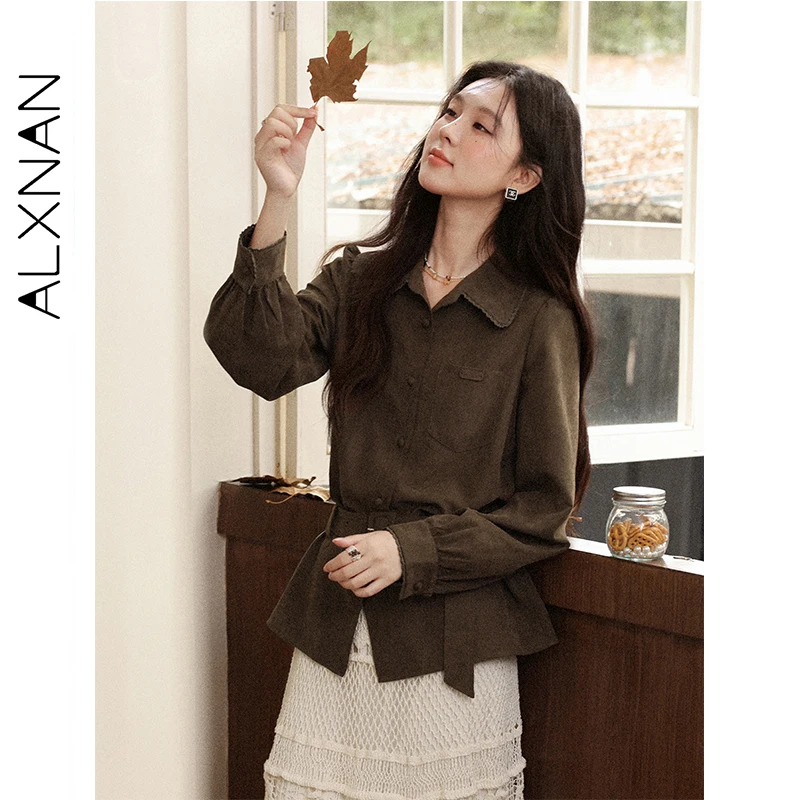 

ALXNAN Women's Shirt Turn-down Collar Waist-tie Belt Lace Trim Female Tops Autumn 2025 Pocket Versatile Commuting Blouse L57750