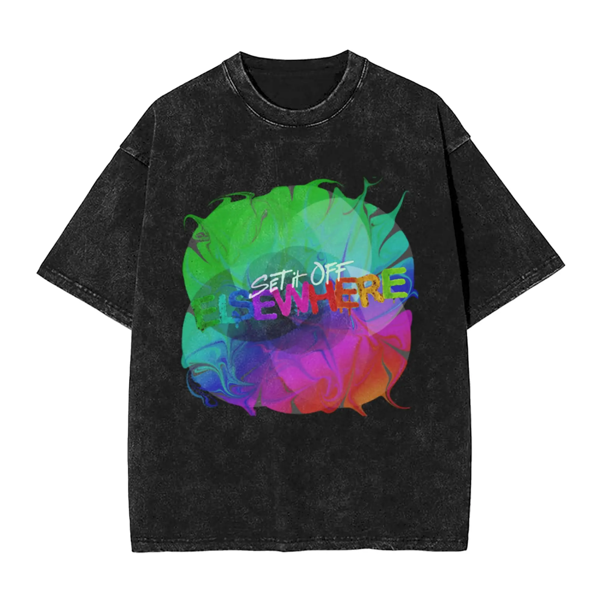 Set it Off Elsewhere Album Rainbow melt Classic Chic A Washed T Shirt Men's Women's Oversized Cotton Tees Tops