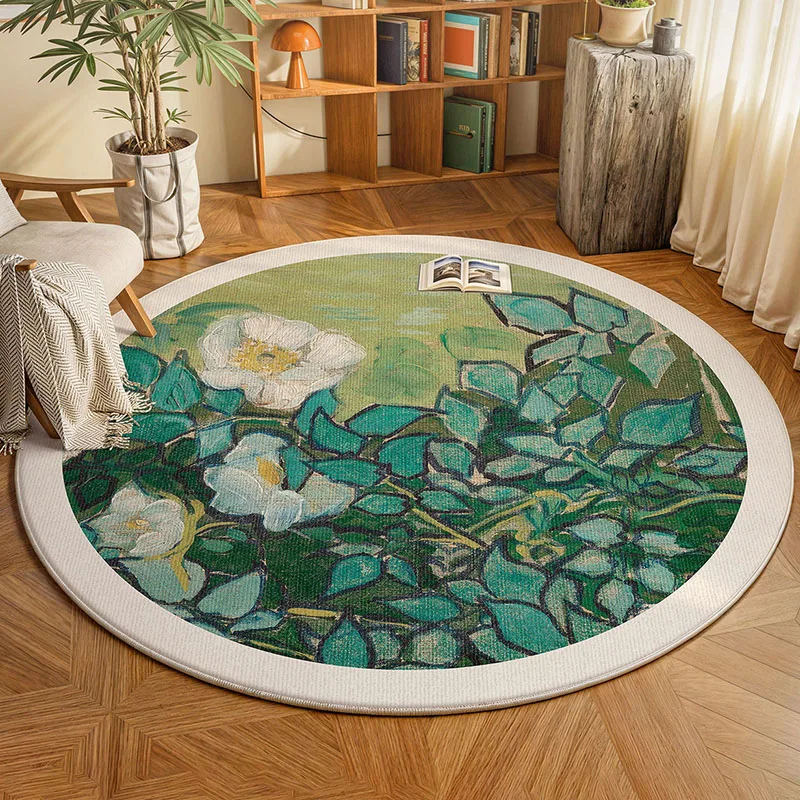 Retro Green Chinese Style Round Carpet Living Room Kid Play Mat Cute Fresh Flower Girl Cloakroom Decor Floor Carpets Bedroom