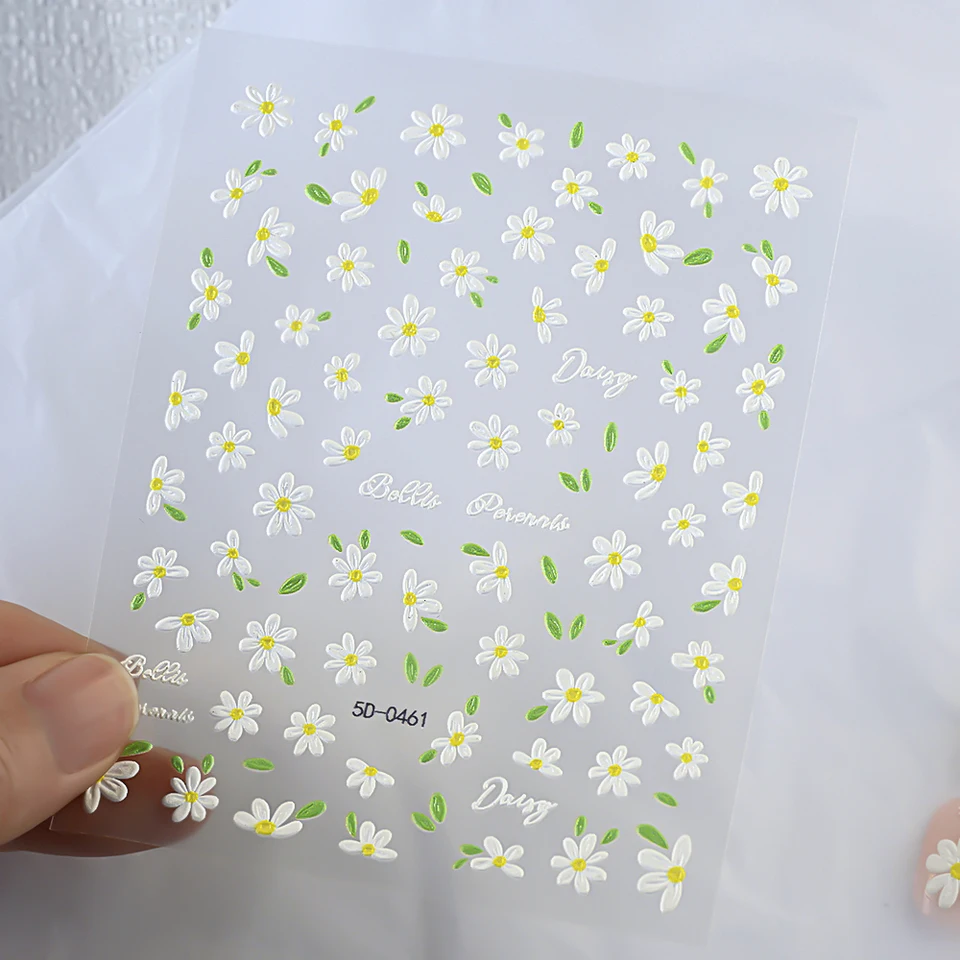2 piezas calcomanías de arte de uñas diseño de margarita blanca 5D relieve florecita hoja verde decoraciones DIY primavera verano 5