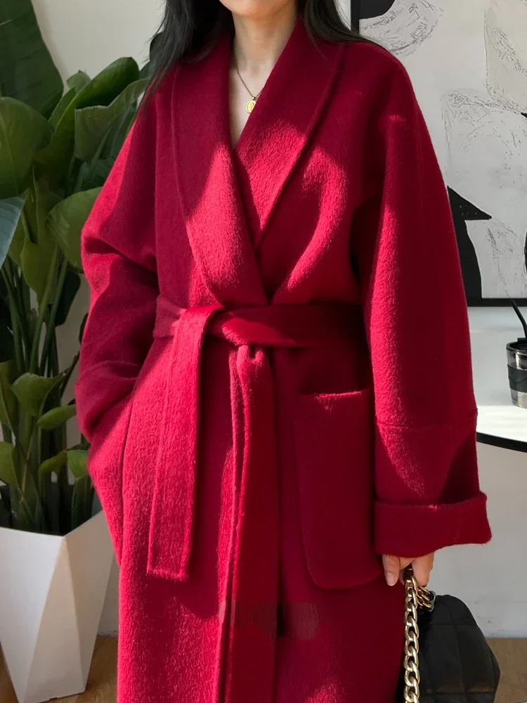 

High-end Women Double-sided Wool Coat Casual Fashion Loose Lapel Double-sided Tweed Jacket Long Bathrobe Overcoat Autumn Winter