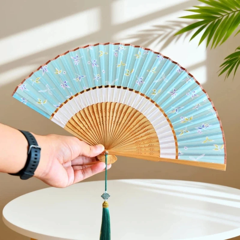 Chinese Cherry Blossom Bamboo Folding Fan Portable Summer Cooling Daily Fan for Women Hanfu Cheongsam
