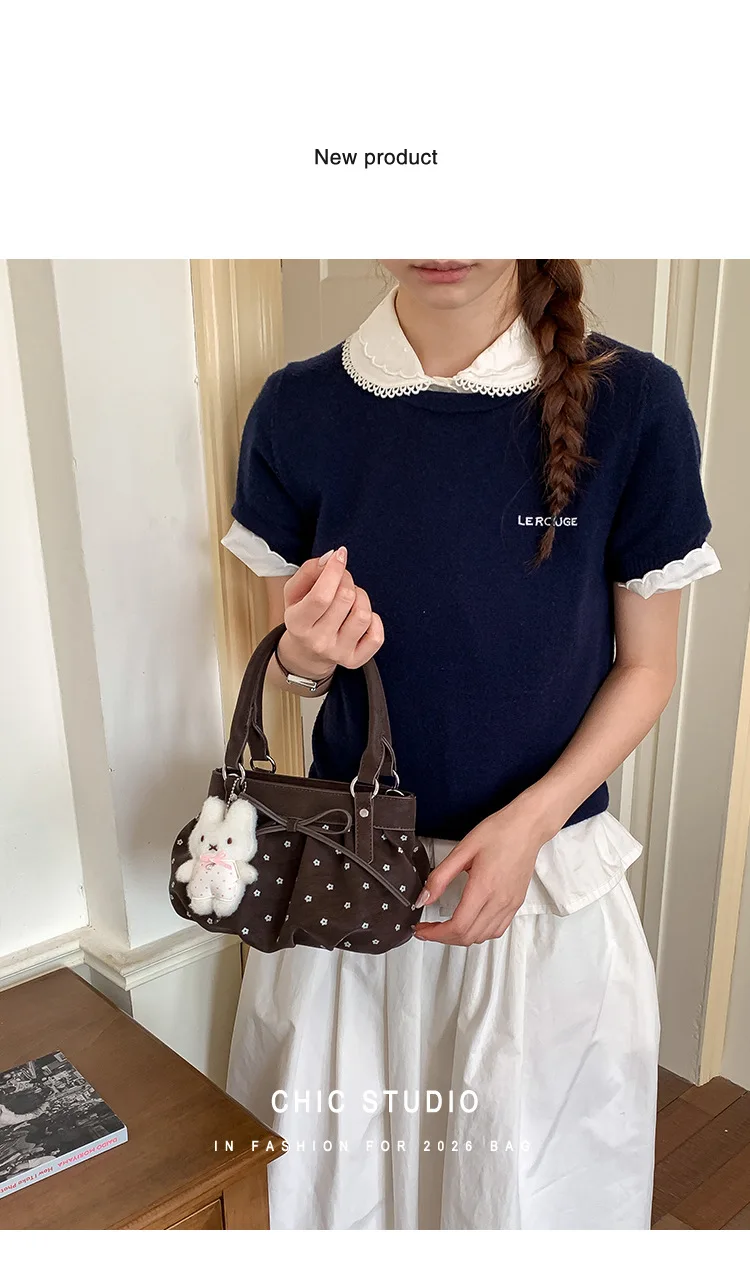 Ladies Cute Pleated Handbag Small Flower Pattern PU Texture Bowknot Design Fluffy Bunny Pendant Shoulder Messenger for Dating
