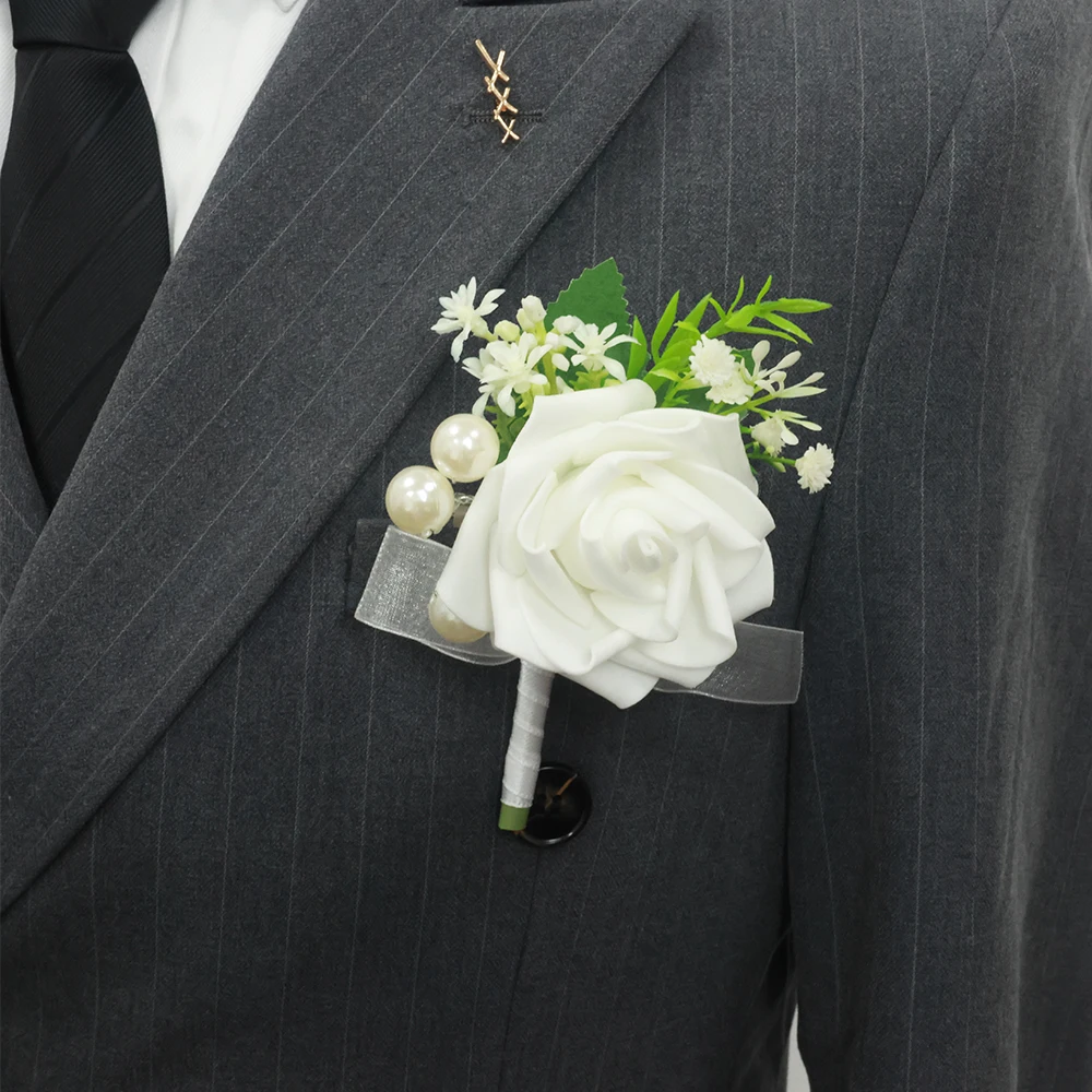 Свадебная бутоньерка с жемчугом и лентой для жениха, свадебный цветок для мужчин, бутоньерка, свадебные украшения, аксессуары для вечеринок для мальчика