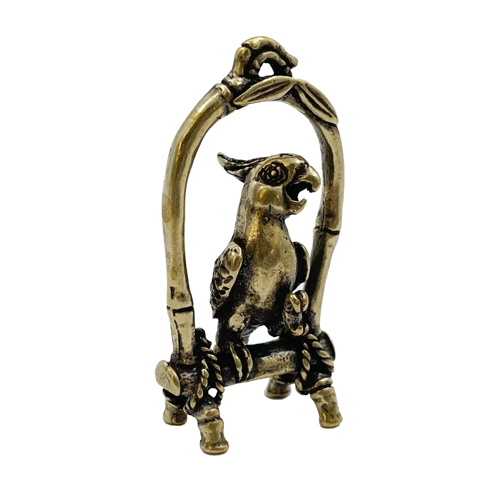 Antique Copper Crafts Bird Cage Parrot Figurines Miniatures Desktop Ornaments Brass Animal Bird Key Chain Pendant Jewelry Decors